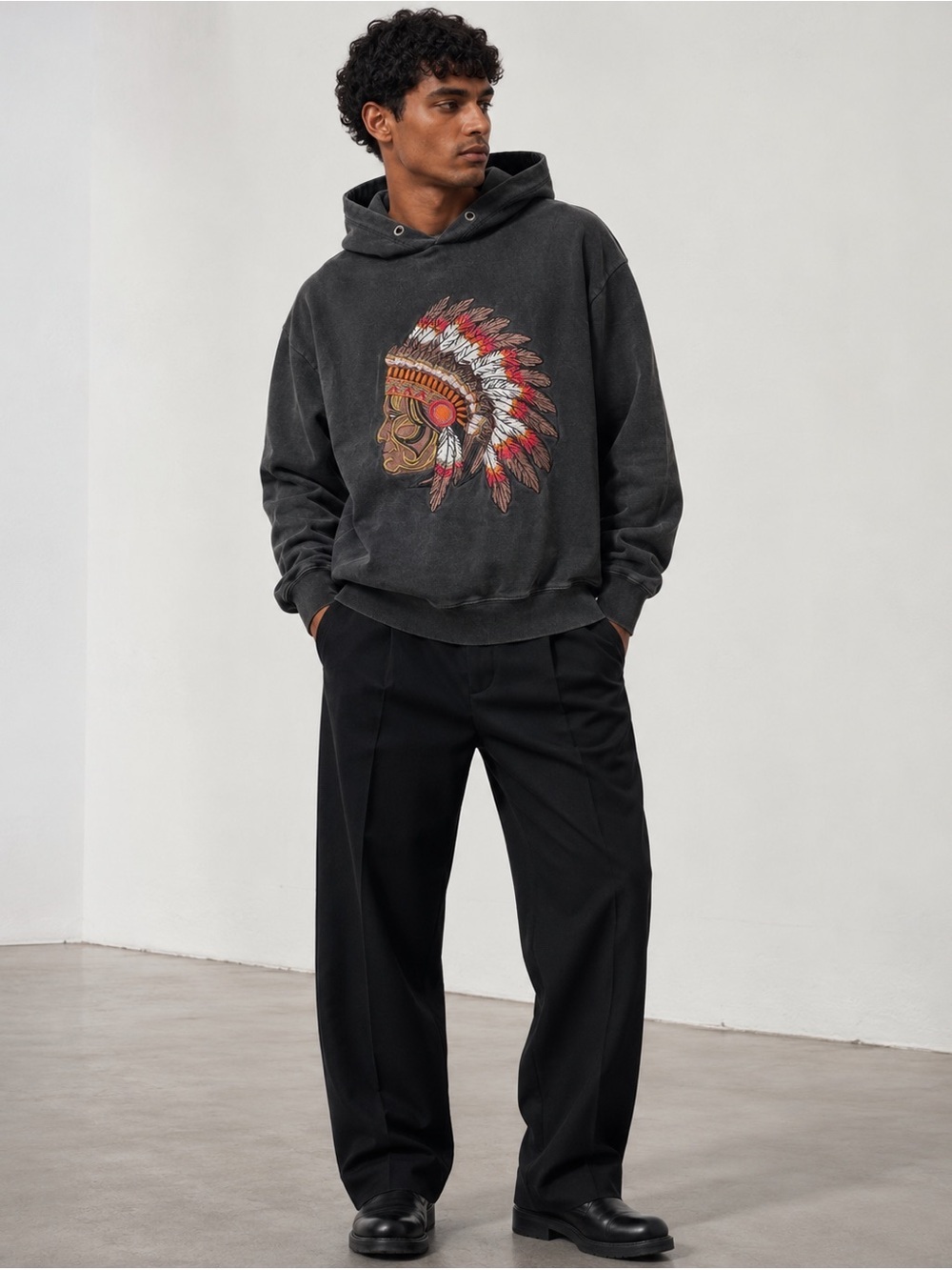 Anerkjendt Men’s Black-Brown Embroidered Graphic Hoodie - Size M